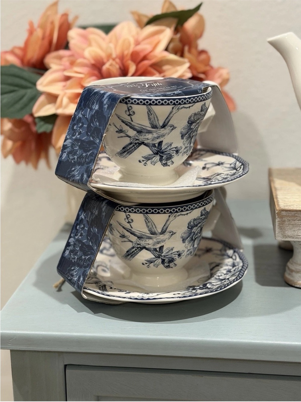 222 Fifth Adelaide Blue Porcelain Floral
Birds Teacup & Saucer Set Of 2 New